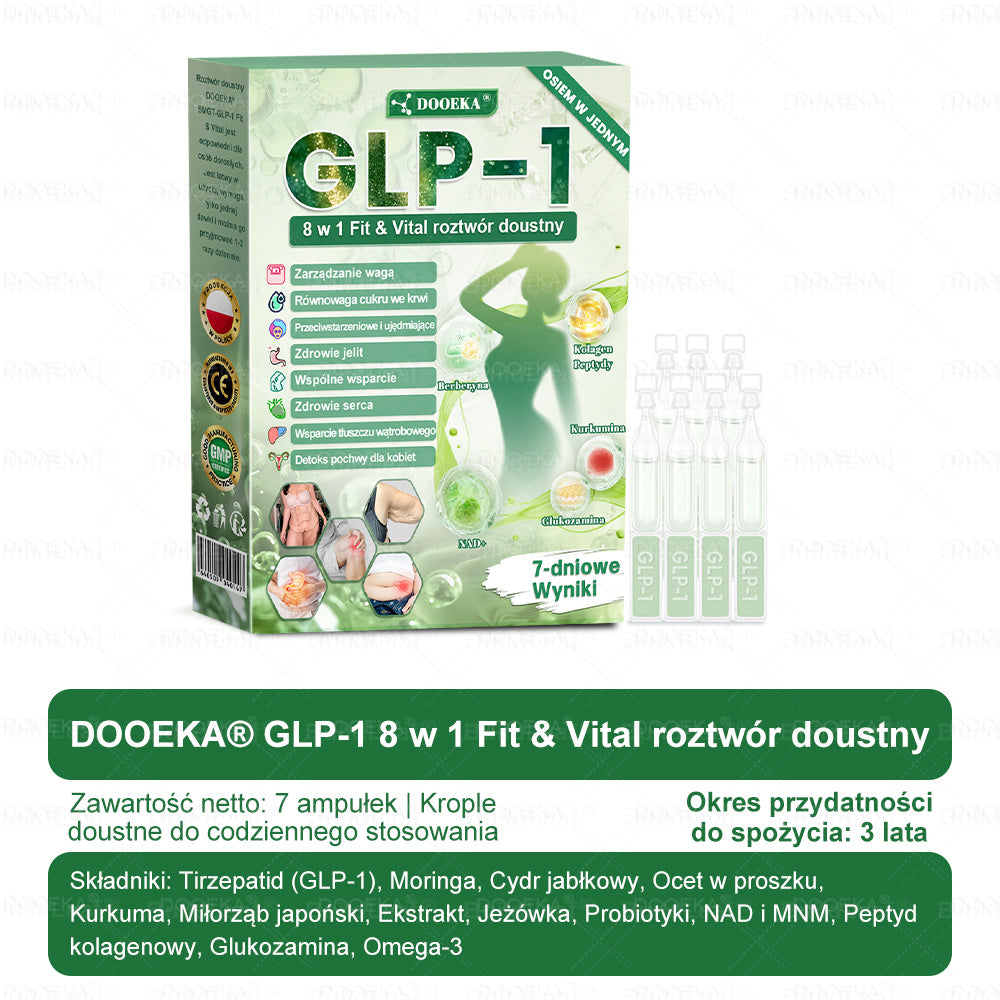 🍐🍐DOOEKA® GLP-1 8 w 1 Fit & Vital roztwór doustny – Raz dziennie, widoczne zmiany w ciągu 7 dni / W przypadku otyłości, zdrowia serca i układu krążenia, cukrzycy, bezdechu sennego, zdrowia jelit, problemów ze stawami i wielu innych